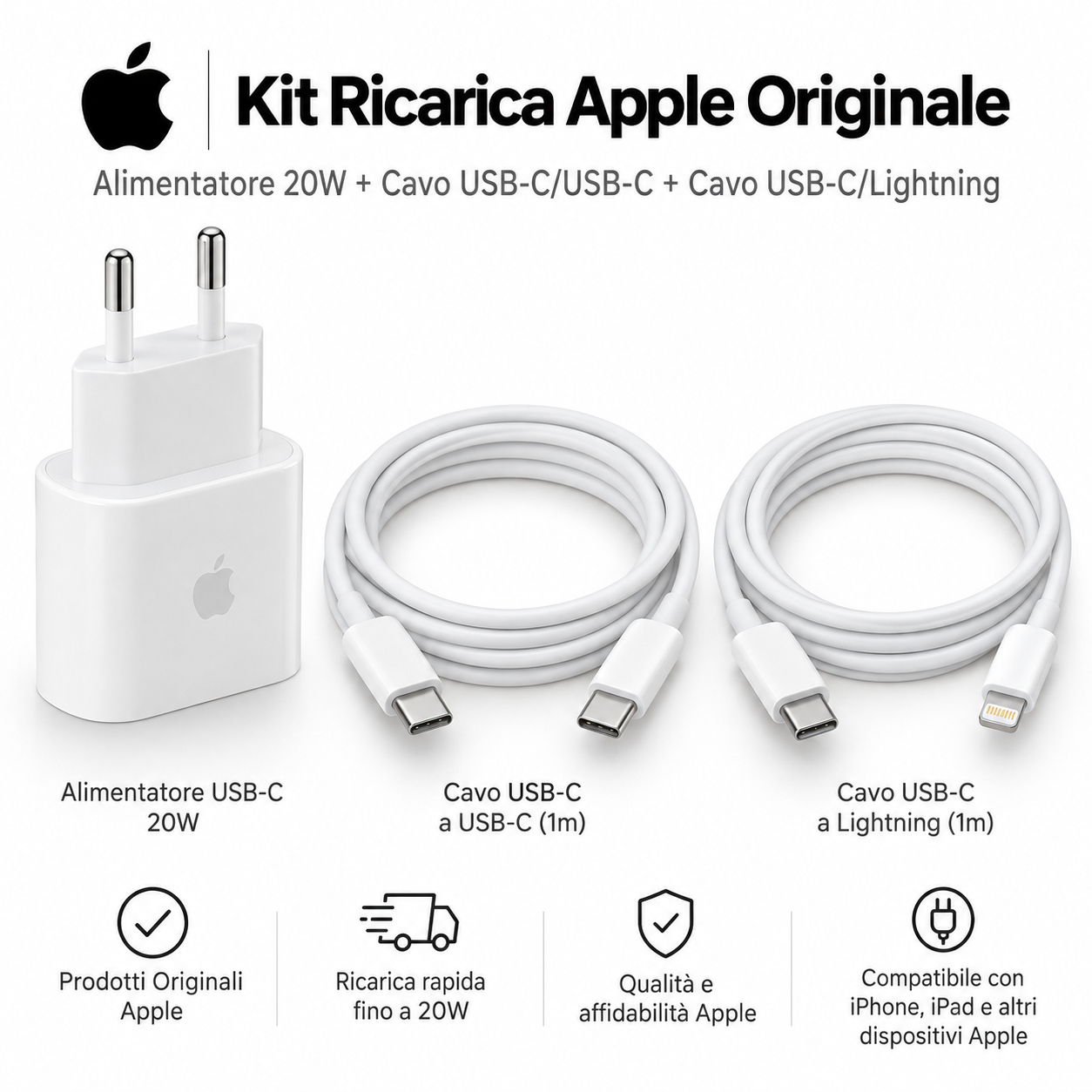 Kit Apple Originale Alimentatore 20W + Cavo USB-C USB-C + USB-C Lightning
